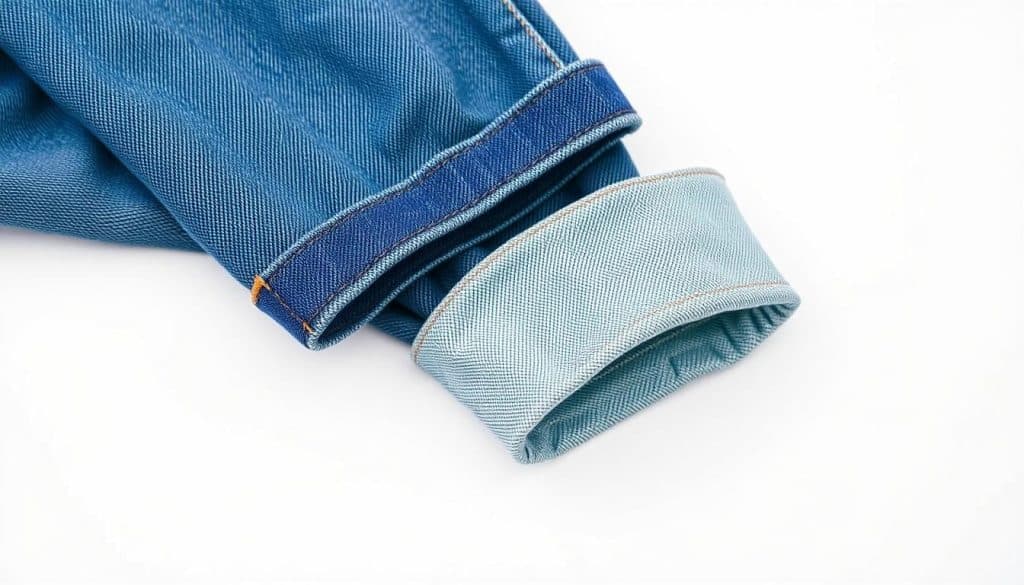A close-up detailed image of neatly folded cropped blue jeans, showcasing the unique hem and cuff details. The fabric has a slightly worn, vintage-inspired look, with subtle fading and hints of distressing. The jeans are displayed against a clean, bright white background, with soft, even lighting illuminating the textural qualities of the denim. The composition emphasizes the thoughtful design and tailoring of the cropped silhouette, inviting the viewer to appreciate the care and craftsmanship that goes into maintaining the perfect fit and style of these versatile, wardrobe-essential pieces.