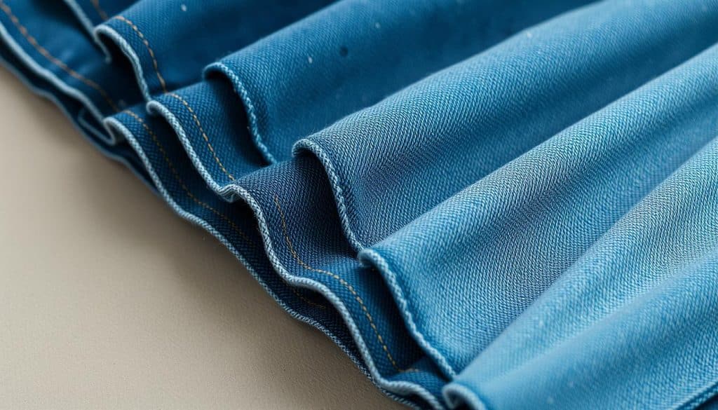 A close-up shot of various denim fabric swatches, showcasing their different textures, weights, and wash treatments. The swatches are arranged neatly, with a soft, natural lighting illuminating the fine details of the fabrics. The camera is positioned at an angle, capturing the depth and dimensions of the textiles. The overall mood is one of quiet contemplation, inviting the viewer to closely examine the qualities of each swatch and imagine how they would drape and fit on a larger-than-average frame. The background is a neutral, muted tone that allows the jeans fabrics to take center stage.