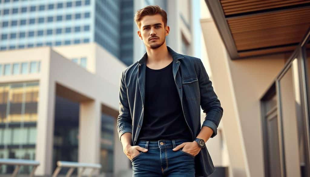 A fashionable male model stands in a stylish urban setting, showcasing a well-fitted pair of slim-cut men's jeans. The lighting is warm and flattering, with soft shadows creating depth and dimension. The model strikes a casual yet confident pose, accentuating the sleek silhouette of the denim. The background features a blend of modern architecture and city elements, creating a sophisticated, metropolitan ambiance. The overall composition and styling convey a sense of effortless, urban chic - providing inspiration for the "Styling-Tipps für Herren" section of the article.