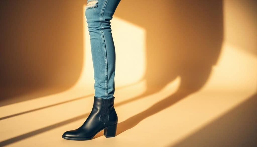 A fashionable woman standing in a warm, naturally lit studio, wearing a pair of well-fitted blue denim jeans and sleek, black kitten-heel ankle boots. The jeans have a classic five-pocket design with subtle distressing and a slightly tapered leg, complementing the ankle-length height of the boots. The boots feature a low, chunky heel, a rounded toe, and a smooth, luxurious leather upper. The woman's pose is confident and relaxed, showcasing the harmonious blend of casual denim and elegant footwear. The overall scene exudes a sense of effortless style and sophistication.