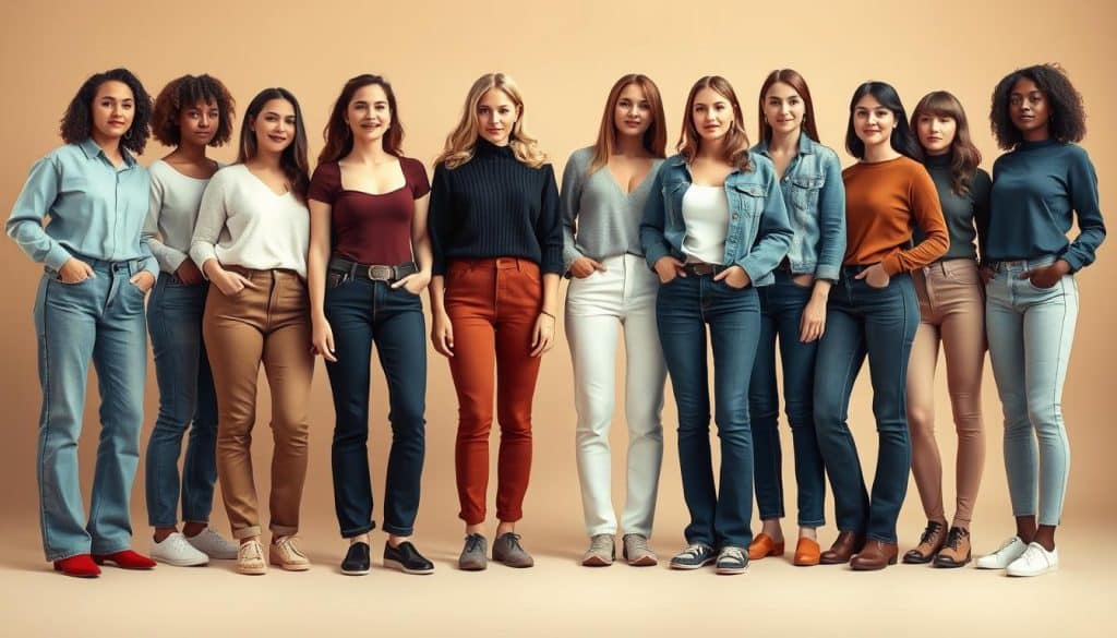 A group of diverse female figures standing in natural poses, showcasing different body types and representing the concept of "Körpertypen für Jeans". The figures are depicted in a warm, natural lighting with a slightly muted color palette, creating a calming and inclusive atmosphere. The background is a minimalist, neutral setting that allows the focus to remain on the central figures. The overall composition is balanced and inviting, highlighting the variety of body shapes that can wear straight-cut jeans comfortably and confidently.