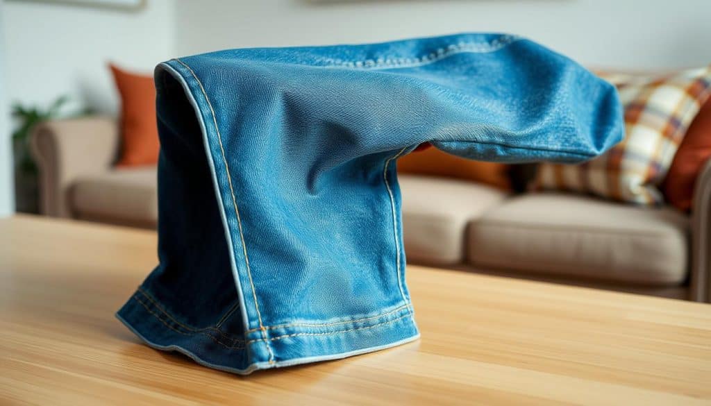 A neatly folded pair of classic blue denim jeans, with a slight flare at the hems, resting on a clean, well-lit wooden surface. Soft, directional lighting illuminates the fabric's texture, highlighting the subtle fading and natural creases. In the background, a blurred, calming scene of a cozy living room, with warm neutral tones and hints of greenery, creates a serene, inviting atmosphere. The composition emphasizes the jeans as the focal point, showcasing their timeless style and the importance of proper care and maintenance to preserve their appearance and longevity.