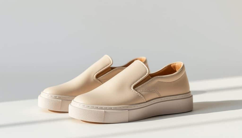 A pair of classic, low-profile slip-on sneakers in a neutral, versatile color, resting on a clean, minimalist background. The sneakers feature a smooth, supple leather upper with subtle perforations, and a chunky, slightly textured rubber sole for comfort and traction. The lighting is soft and diffused, creating gentle shadows that accentuate the simple, elegant design. The overall mood is casual, comfortable, and effortless - perfect for everyday wear with wide-leg jeans or other relaxed, stylish outfits.