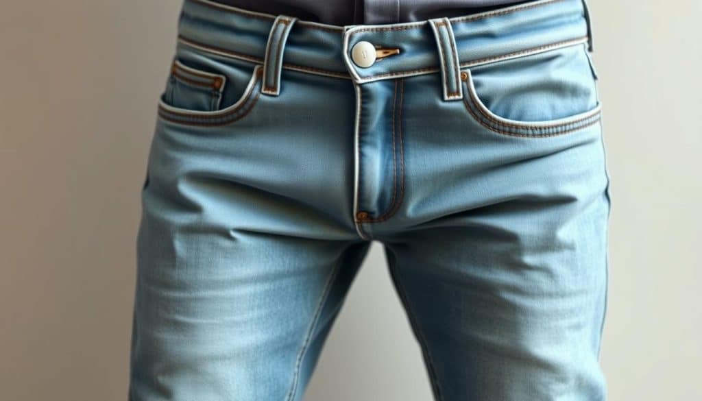 A pair of high-quality stretch denim jeans, with a light blue wash and a subtle faded effect. The jeans are tailored to a slim, modern fit, showcasing the stretch and flexibility of the fabric. The texture of the denim is clearly visible, with a slight sheen and a soft, supple feel. The jeans are captured in a three-quarter view, allowing the viewer to see the front pockets, belt loops, and subtle whiskering along the thighs. The lighting is soft and diffused, creating a warm, natural atmosphere that highlights the versatility and comfort of the stretch denim. The background is a plain, neutral setting, allowing the focus to remain on the jeans and their exceptional craftsmanship.