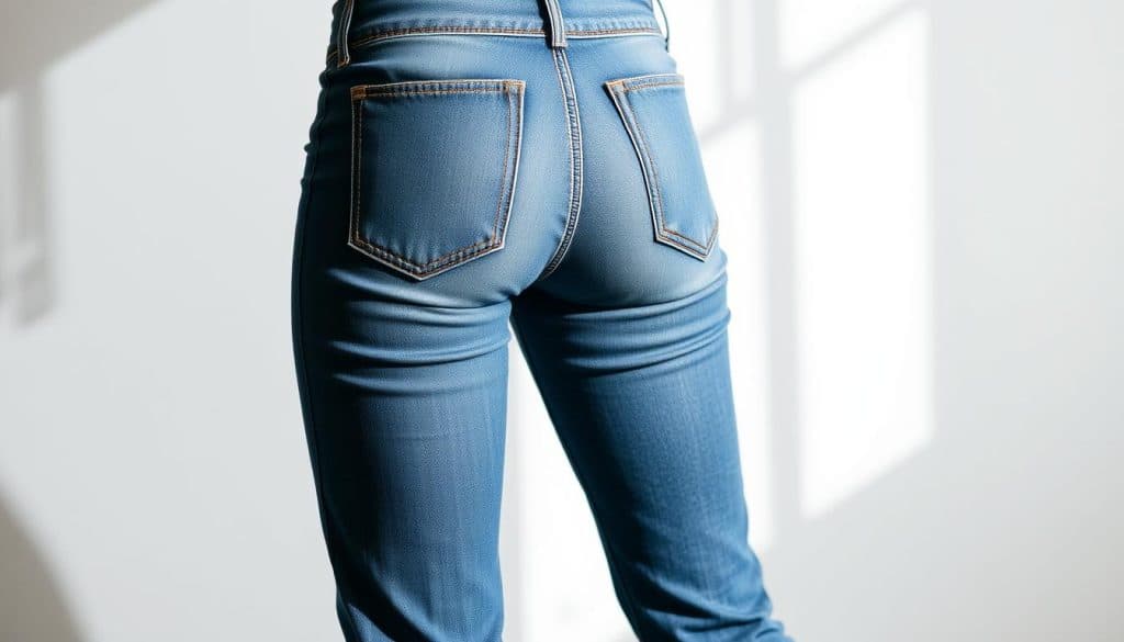 A pair of well-fitted, tapered women's jeans with a flattering silhouette are the focus of this visually captivating image. The jeans are crafted from a high-quality denim material, with a gently tapered leg that narrows from the thigh to the ankle, creating a sleek, modern look. The jeans are illuminated by soft, natural lighting, casting subtle shadows and highlights that accentuate the contours of the fabric. The background is a clean, minimalist setting, allowing the jeans to take center stage and showcasing their elegant, versatile design. The overall mood is one of refined sophistication, highlighting the timeless appeal of well-made, tailored denim for the modern woman.