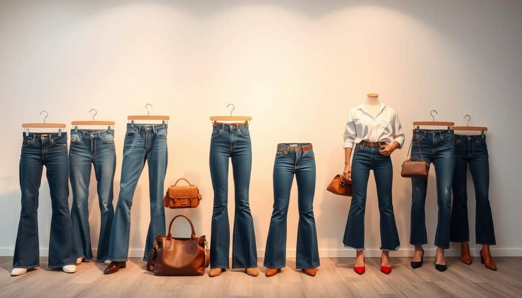 A sophisticated fashion tableau featuring a diverse selection of high-quality women's jeans suitable for various occasions. Positioned prominently in the foreground, an assortment of classic blue denim, slim-fit, flared, and cropped silhouettes are displayed against a clean, minimalist backdrop. Subtle lighting from above casts a warm, inviting glow, accentuating the subtle textures and washes of the fabrics. In the middle ground, complementary accessories like leather belts, chic handbags, and stylish footwear create a cohesive, aspirational lifestyle vignette. The overall mood is one of effortless elegance, making a compelling case for the versatility of denim as a wardrobe staple for the modern woman.