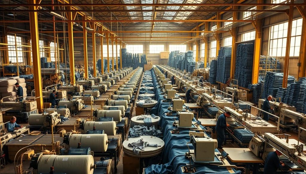 A sprawling, bustling jeans factory in the heart of a thriving industrial district. Massive bolts of sturdy denim fabric move along conveyor belts, fed into state-of-the-art sewing machines operated by skilled workers. The hum of machinery and occasional shouts echo across the cavernous, well-lit production floor. In the background, towering stacks of finished jeans ready for shipping to global markets. Warm, golden sunlight streams through large windows, casting a soft glow over the dynamic, hardworking scene. A visual representation of the modern, global jeans industry that has evolved from the pioneering efforts of Levi Strauss and his partners.