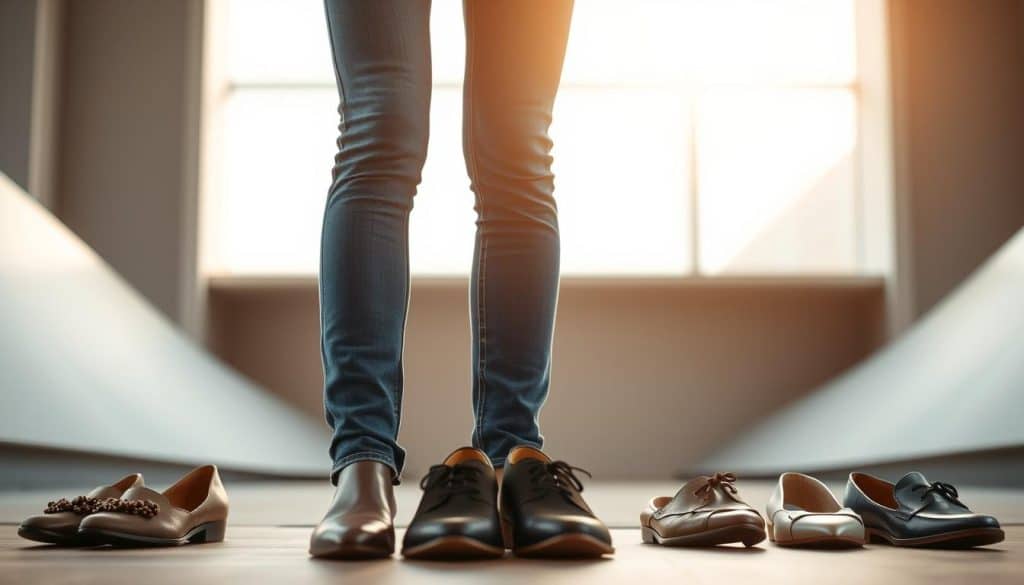 A stylish pair of blue jeans with a flattering fit, complemented by a chic selection of fashionable shoes in the foreground. The scene is illuminated by warm, natural lighting, creating a soft, inviting atmosphere. The middle ground features a minimalist, modern backdrop, allowing the focus to remain on the main subject. The overall composition conveys a sense of effortless elegance, showcasing how the perfect pairing of jeans and shoes can elevate a look. The image captures the essence of the section's title, "Jeans kombinieren: Die besten Styling-Tipps," providing a visually appealing example of how to expertly combine denim with the right footwear.