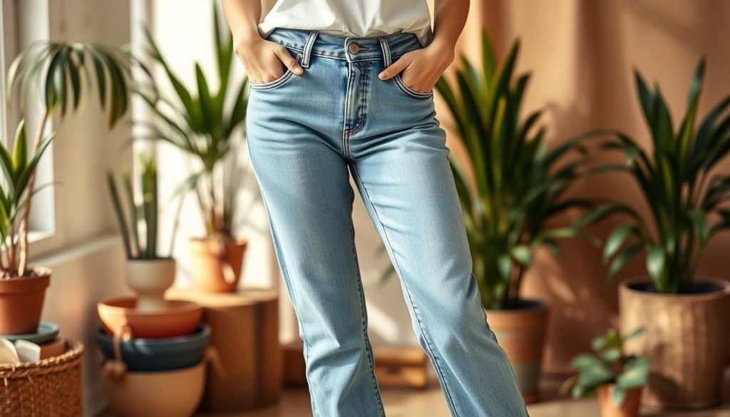 A stylish pair of high-quality, sustainable women's jeans in a classic light blue denim, shot in soft, natural lighting. The jeans feature a comfortable, slightly relaxed fit with a subtle flare at the ankles. The texture of the denim has a slight sheen, reflecting the attention to detail and craftsmanship. In the background, a minimalist, plant-filled interior with warm, earthy tones creates a calming, eco-friendly atmosphere, complementing the sustainable nature of the jeans. The overall mood is one of elegant simplicity, highlighting the versatility and responsible manufacturing of these "nachhaltige Jeans".