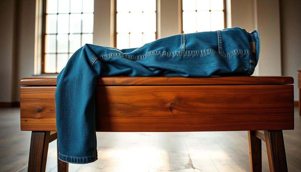 A stylishly casual pair of classic blue MAC jeans, casually draped over a wooden bench in a softly lit, minimalist loft interior. The jeans are slightly faded, with subtle whiskering and gentle wear patterns that speak to their everyday versatility. Warm, diffused lighting from large windows bathes the scene in a cozy, inviting glow, highlighting the natural texture of the denim. The background is clean and uncluttered, allowing the focus to remain squarely on the central subject - the quintessential "everyday" pair of MAC jeans, a wardrobe staple suitable for any casual occasion.