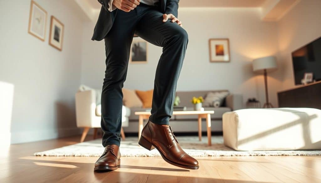 A stylishly dressed person standing in a well-lit modern living room, examining a pair of fashionable shoes and making a thoughtful expression, as if considering style choices. The foreground features the person's lower body and the shoes in focus, with a minimalist, clutter-free background of simple furniture and decor. Warm, natural lighting illuminates the scene, creating a cozy, introspective atmosphere. The overall mood is one of contemplation and attention to detail in creating a cohesive, stylish look.