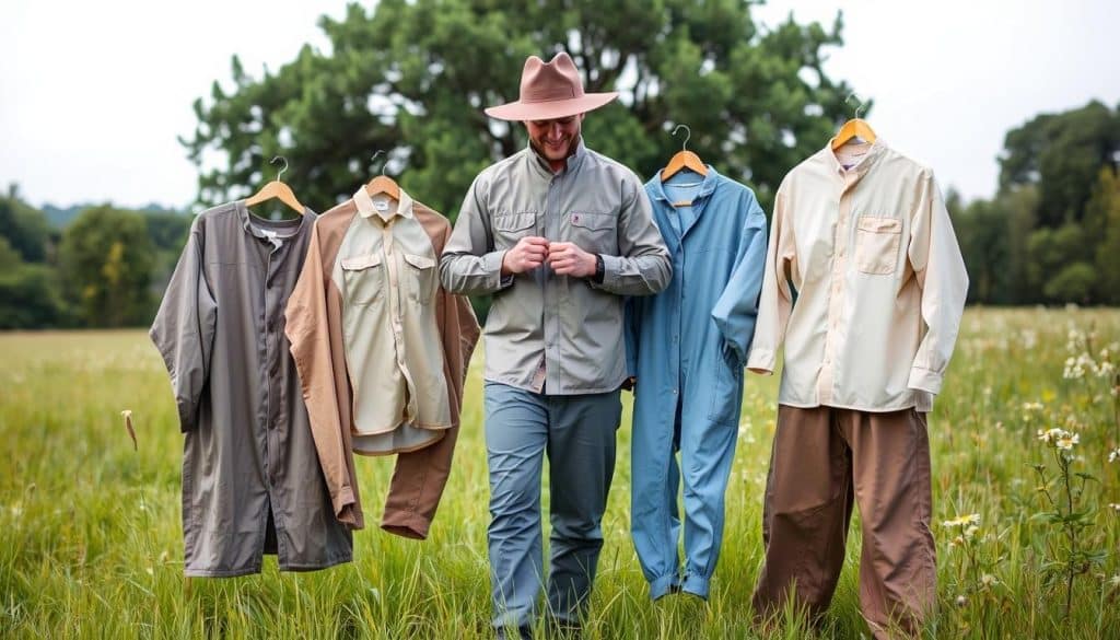 A well-equipped person stands in a grassy meadow, examining different pieces of protective clothing against mosquitoes. The foreground showcases an array of garments, including lightweight long-sleeved shirts, pants, and a wide-brimmed hat, all designed to cover the skin. The middle ground features the person methodically inspecting the fabrics and closures, evaluating their effectiveness. In the background, a lush, verdant landscape with trees and flowers creates a serene, natural setting. Soft, diffused lighting illuminates the scene, highlighting the textures and details of the various mosquito-repelling garments. The overall mood conveys a sense of thoughtful preparation and a desire to find the most suitable protection against mosquito bites.