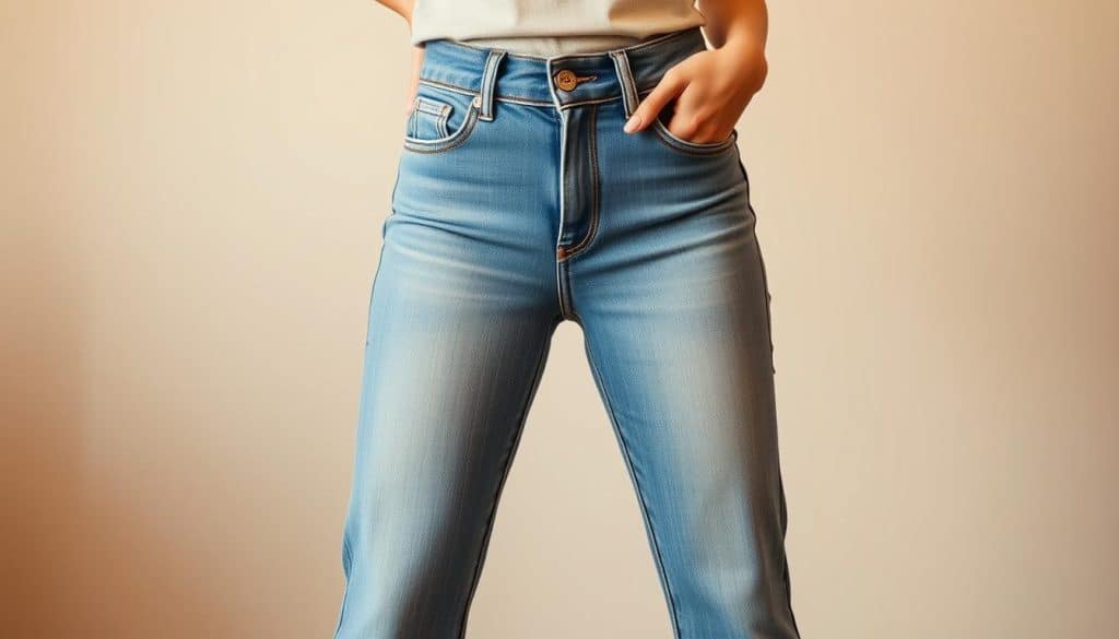 A well-fitted pair of flared jeans, the legs gently flaring out from the hips to create a flattering, elongating silhouette. The medium-wash denim has a slight stretch for comfort, while the high-rise waistband cinches the waist, accentuating the curves. Soft, diffused lighting casts a warm, golden glow, highlighting the subtle details - the subtle fading, the clean hems, the polished hardware. The jeans are paired with a simple, neutral top, allowing the focus to remain on the distinctive, leg-lengthening flare. The overall aesthetic is effortlessly chic, perfect for accentuating shorter statures and creating a balanced, proportional look.