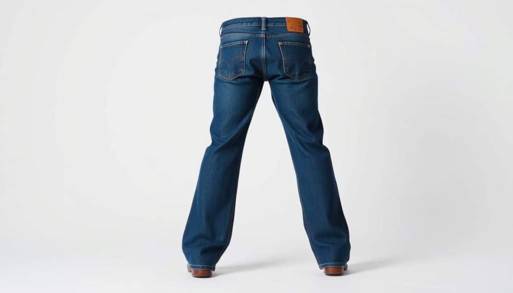 A well-fitted pair of medium-wash Überblick Bootcut Jeans, with a slight flare at the hems, placed against a plain, white backdrop. The jeans are positioned front and center, showcasing their classic design with subtle whiskering and fading details. The lighting is soft and diffused, creating a clean, studio-like atmosphere that highlights the rich texture of the denim. The camera angle captures the jeans at a slight high-angle, emphasizing the long, lean silhouette of the bootcut style. The overall mood is one of timeless sophistication, allowing the Überblick Bootcut Jeans to take center stage as the focal point of the image.