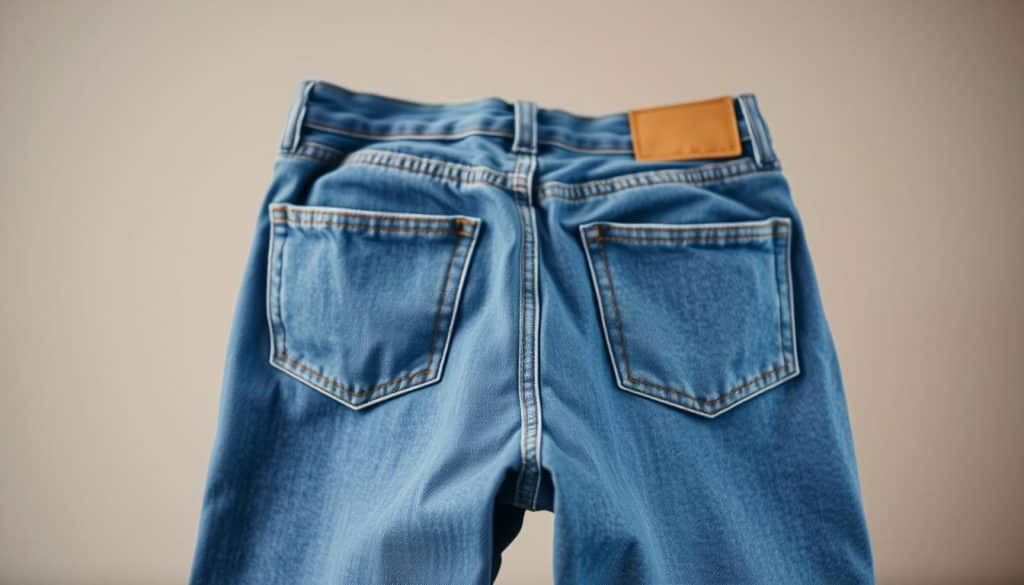 A well-lit, detailed close-up shot of a pair of blue jeans, prominently displayed in the foreground. The jeans are slightly crumpled, suggesting they have been worn and are in need of cleaning. A faint, unpleasant odor is perceptible, indicated by a slight haze or distortion around the jeans. The middle ground is blurred, creating a sense of focus on the central subject. The background is a plain, neutral-colored surface, allowing the jeans to be the sole focus of the image. The lighting is soft and even, illuminating the texture and color of the denim. The overall mood is one of a practical, problem-solving scenario, conveying the need to address the unpleasant odor and restore the jeans to a fresh, clean state.