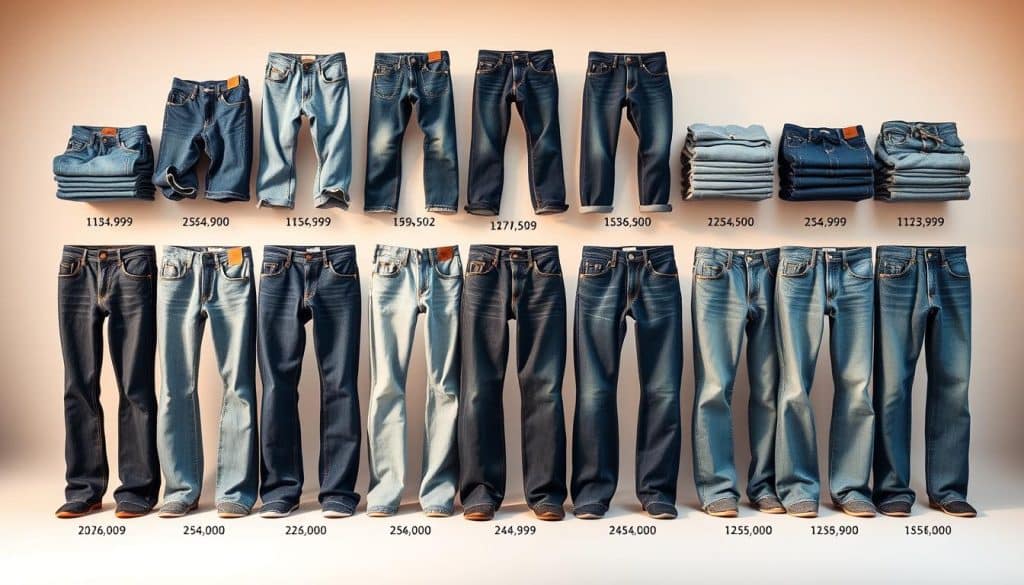 A well-lit, high-resolution product shot showcasing a variety of popular denim jean brands, each with their respective average weight prominently displayed. The jeans are arranged in a symmetrical grid, each pair cast in a warm, natural light to accentuate the subtle textures and washes of the fabrics. The background is a clean, minimalist studio setup, allowing the focus to remain solely on the jeans and their weight information. The overall composition is balanced, with a slightly elevated camera angle to provide an authoritative, informative perspective on the topic of "So viel wiegt eine Jeans!"