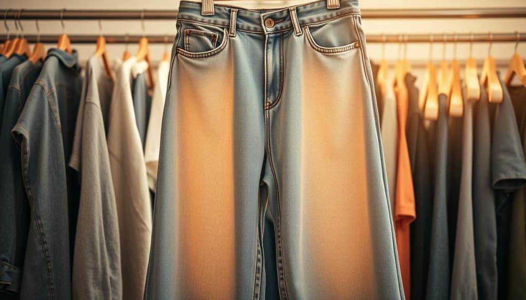 A well-worn pair of baggy jeans hangs casually on a clothing rack, bathed in warm, natural lighting that accentuates the soft, faded denim. The fabric gently folds and drapes, showcasing the relaxed, comfortable silhouette characteristic of this iconic style. In the middle ground, the jeans are complemented by a selection of other casual wear, hinting at the versatility and widespread popularity of the baggy jean trend. The background is slightly blurred, keeping the focus on the central subject and creating a sense of depth and perspective. The overall mood is one of effortless style and timeless appeal, capturing the enduring allure of the beloved baggy jeans.