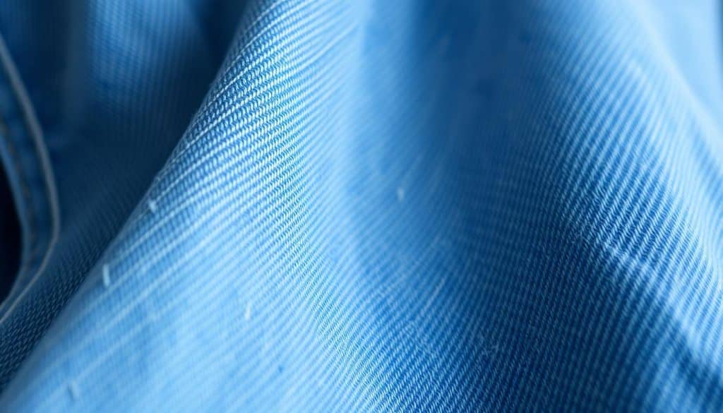 Detailed close-up view of blue denim jeans, showcasing the intricate textures and patterns created by the washing and drying process. Highlights the faded and distressed areas, as well as the subtle color variations and worn-in appearance. Soft, natural lighting illuminates the fabric, emphasizing the depth and richness of the material. Crisp focus on the foreground, with a gently blurred background to maintain the viewer's attention on the jeans. Conveys a sense of well-worn, lived-in quality, reflecting the effects of regular use and care.