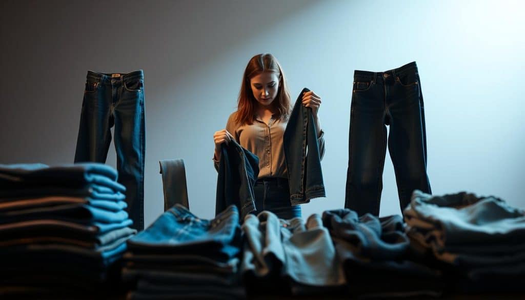 Dramatic high-contrast lighting casts a spotlight on a woman carefully examining and comparing different pairs of straight-leg blue jeans against her body. The foreground features an array of neatly folded denim in a variety of washes, lengths, and rises, inviting the viewer to visualize themselves trying on each pair. The woman stands in the middle ground, critically assessing the fit and silhouette of each option, her face and expression conveying focus and determination to find the perfect pair. The background is softly blurred, placing the emphasis solely on the selection process. The overall mood is one of thoughtful deliberation, as the woman seeks to identify the straight-leg jeans that will flatter her figure most elegantly.