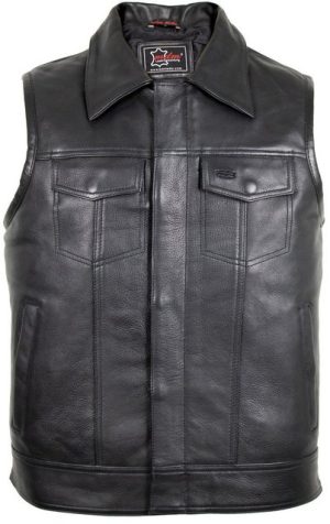 MDM Lederweste Biker Lederweste im Jeanswesten Stil mit Kragen in schwarz